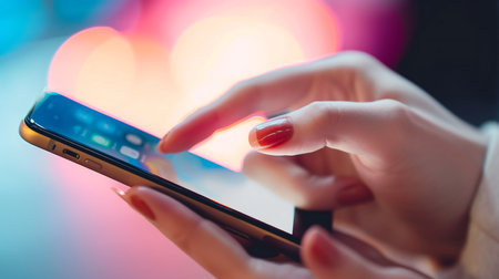 Photo pour Young lady using her smartphone.
Close up of female hands using mobile smart phone,colorful bokeh lights background.Cell Phone Addiction Concept. - image libre de droit