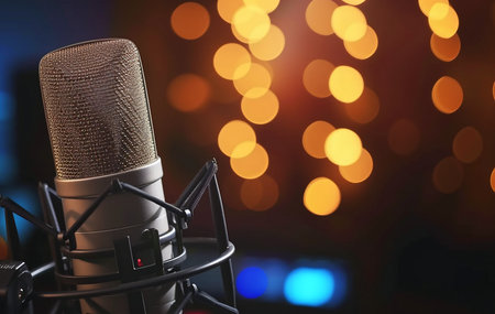 Audio recording studio microphone for voice-overs or singing on stage,blur bokeh background,closeup,music concept,with copy space for text.の素材