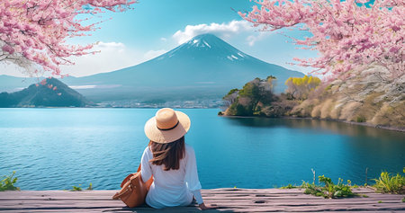Asian woman traveler with backpack enjoys breathtaking views of mountains, sea, sakura blossom,and lakeside landscape in spring season.Relax and Wellness Holidays Concept.の素材