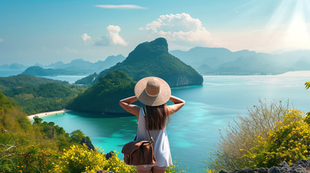 Beautyful young female tourist in hat and white dress standing on top of mountain and looking at beautiful sea view.Wellness Travel,Relax and Wellness Holidays Concept.の素材