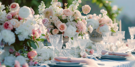 A beautifully arranged wedding table with floral decorations, elegant place settings, and luxurious tableware, creating a perfect setting for a wedding celebration.の素材