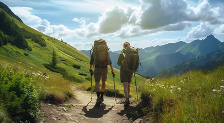 Hikers with backpacks hiking in the mountains.Travel and adventure concept.Back view of man and woman hiking together in nature.の素材