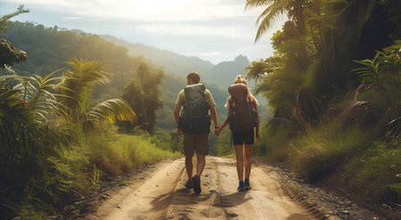Couple hiking with backpacks walk up to a mountain path,through dirt road in a tropical forest.Travel and adventure concept.の素材