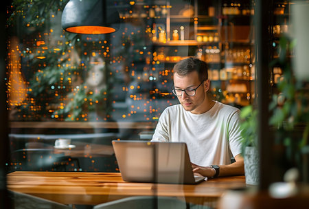 Company employee working with laptop in cozy cafe.Cafe & Co-Working Space Concept.の素材