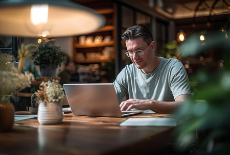 Portrait of a man with glasses working on laptop at table in cozy cafe.Cafe & Co-Working Space Concept.の素材