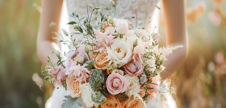 Bride holding an elegant wedding bouquet,close-up.Pre wedding or wedding ceremony concept.の素材