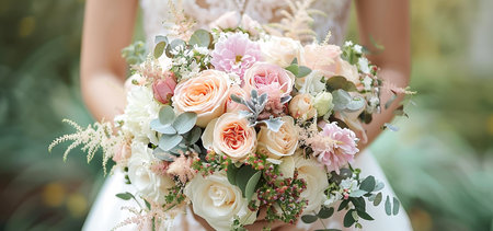 Wedding bouquet in the hands of the bride, close-up.Pre wedding or wedding ceremony concept.の素材