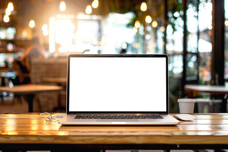 Mockup image of laptop with blank white screen on wooden table in cafe ,bokeh blur background.の素材