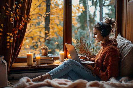 Beautiful girl in headphones is sitting on the windowsill and using a laptop.の素材