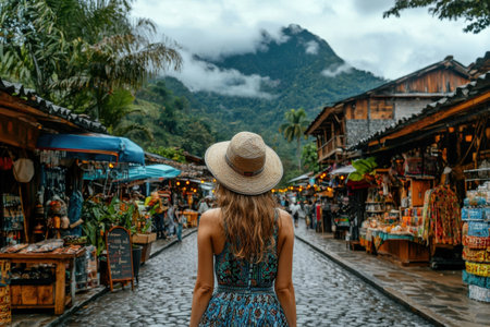 A traveler exploring walking through a street market in a mountain village,the bustling street of quaint town, where local craft stalls and colorful market,capturing the essence of adventure travel.の素材