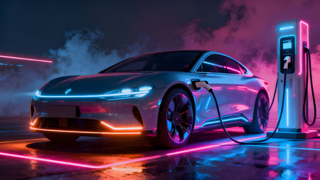 Futuristic Electric Car Charging at Neon Station â Modern Technology and Clean Energy Concept.の素材