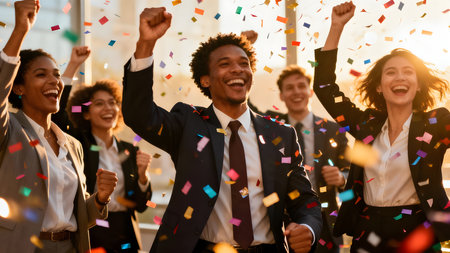 Business Team Celebrating Victory with Confetti and Golden Light â Symbol of Success, Teamwork, and Corporate Achievement.の素材