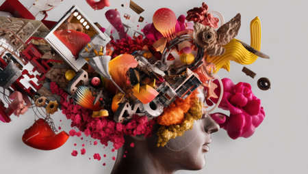 Abstract images about creative ideas, technology innovation. A surreal composition of a woman's head with various objects such as Polaroid photographs, and flowers scattered around it.の素材