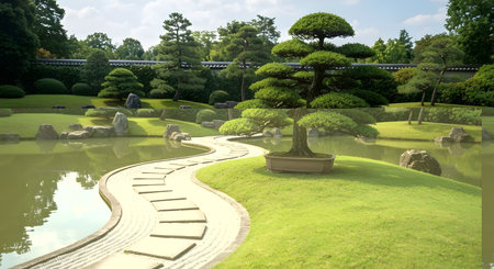 Serene Japanese Zen Garden with Curved Stone Path beside Reflecting Pond.の素材