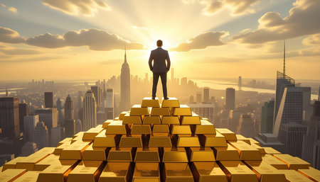 Businessman Standing on Gold Bars Overlooking City Skyline at Sunrise â Symbol of Wealth, Success and Financial Freedom.の素材
