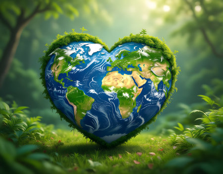 A heart made of planet Earth covered in greenery, concept of love for the environment.の素材