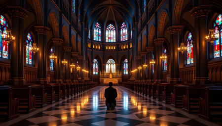 Silent Prayer in Cathedral â Spiritual Moment Inside Christian Church.の素材