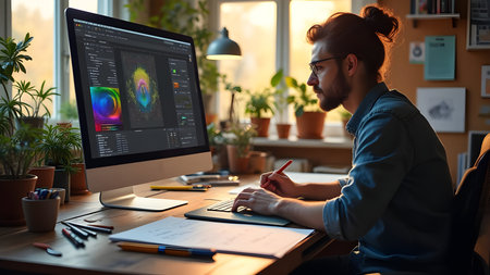 Creative Graphic Designer Working on Digital Artwork in Modern Studio.の素材