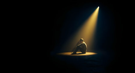 Lonely Person Sitting in the Dark Under Spotlight â Symbol of Sadness and Depression.の素材