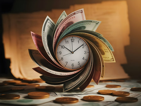 Abstract Money Clock Symbolizing Time and Financial Efficiency.の素材