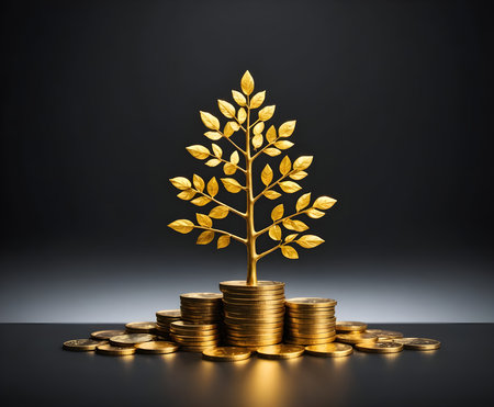 Golden Money Tree Growing from Stacks of Coins â Investment and Wealth Growth Concept.の素材