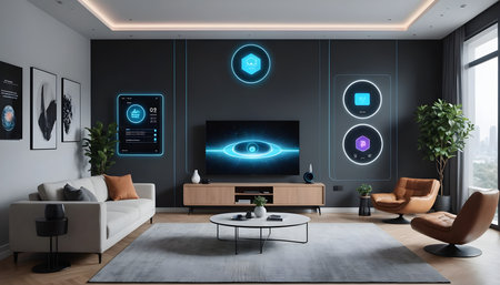Futuristic smart living room with hologram controls, voice assistant device.の素材