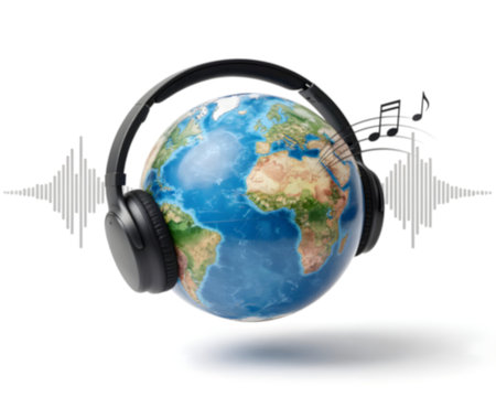 Global Music Concept with Earth Globe and Headphones Illustration.の素材