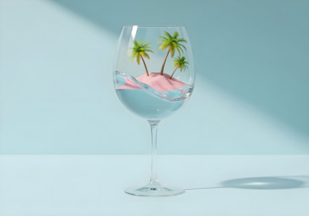 Surreal Wine Glass with Tiny Tropical Island and Palm Trees.の素材