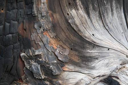A close up photograph of a burnt pine tree, showing the effects of the fire on wood.の写真素材