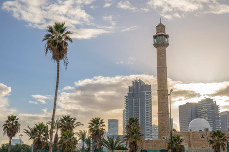 A city scape of Tel Aviv at sunrise,with skyscrapers and a mosqueの写真素材