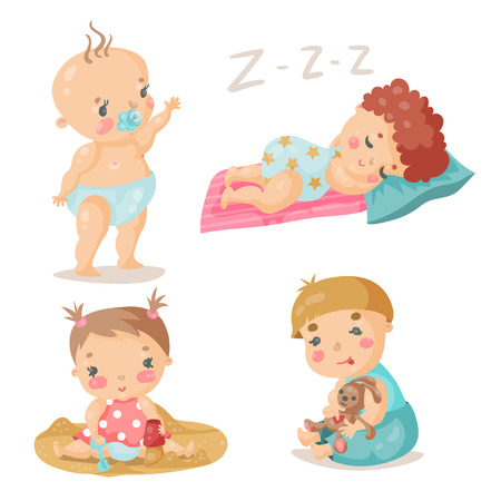 Kids cute babies in different situations. Colorful vector illustration. The baby is sleeping, playing in the sandbox and the todのイラスト素材