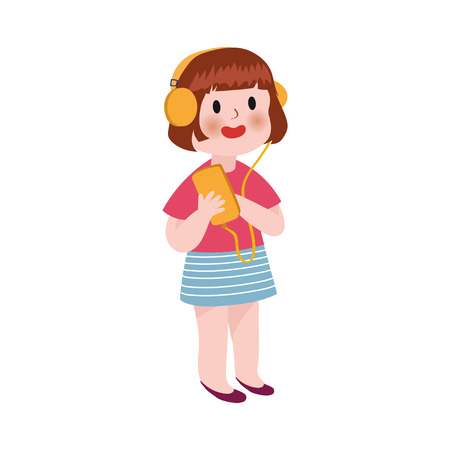 Cute cartoon little girl listening music in headphones colorful character vector Illustrationのイラスト素材