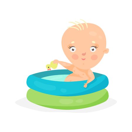 Cute cartoon baby swimming in kids inflatable pool, colorful character vector Illustrationのイラスト素材