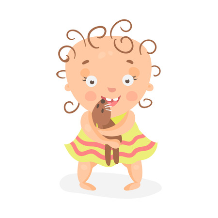Cute cartoon curly baby girl in yellow dress playing with teddy bear colorful character vector Illustrationのイラスト素材