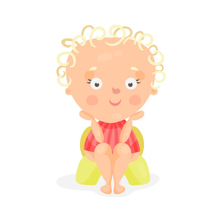 Adorable cartoon baby girl sitting on a yellow potty, colorful character vector Illustrationのイラスト素材