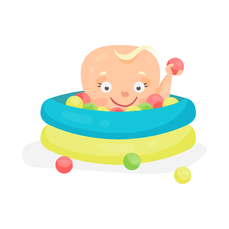 Cute cartoon baby playing in a pool with colorful balls, colorful character vector Illustrationのイラスト素材