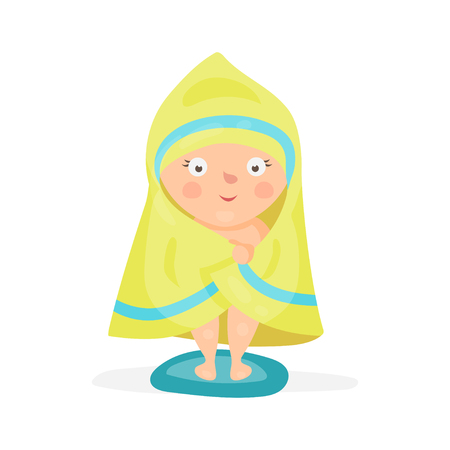 Sweet cartoon baby wrapped in a yellow towel after taking a bath colorful character vector Illustrationのイラスト素材