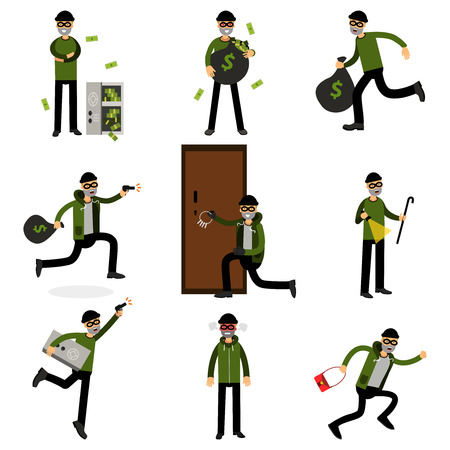 Burglars committing crimes set, sneaking thiefs vector Illustrationsのイラスト素材
