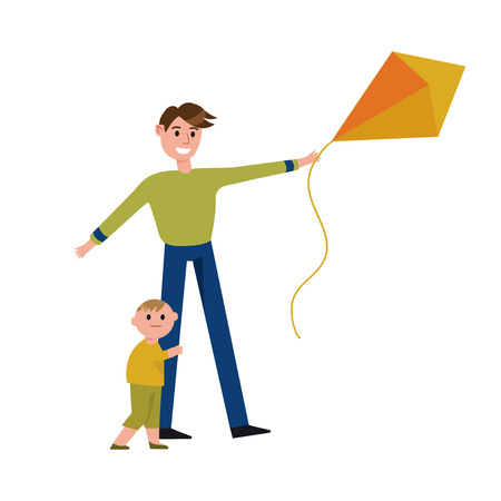 Happy father and his son playing with kite cartoon characters vector Illustrationのイラスト素材