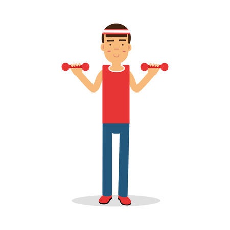 Active young boy exercising with dumbells cartoon character, kids physical activities vector Illustrationのイラスト素材