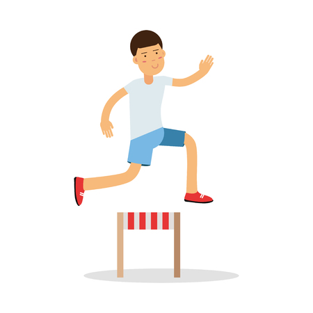 Active boy jumping hurdle cartoon character, kids physical activities vector Illustrationのイラスト素材