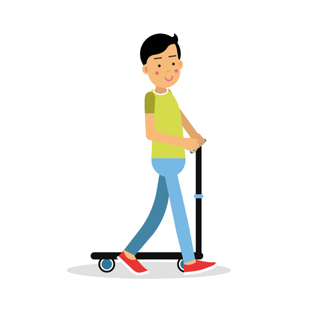Cute brunette boy teen riding a kick scooter cartoon character, kids physical activities vector Illustrationのイラスト素材