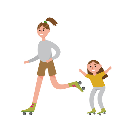 Smiling mother with her daughter roller skating cartoon characters, happy family playing sports together vector Illustrationのイラスト素材