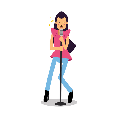 Young brunette woman singing with microphone cartoon character vector Illustrationのイラスト素材