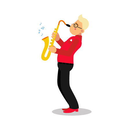 Young man playing sax cartoon character, saxophone player vector Illustrationのイラスト素材