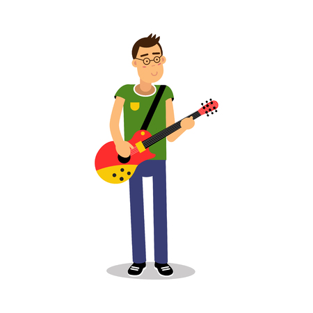 Teenage boy playing guitar during concert cartoon character vector Illustrationのイラスト素材