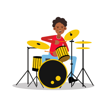 Young black mucisian man playing on drum kit cartoon character vector Illustrationのイラスト素材