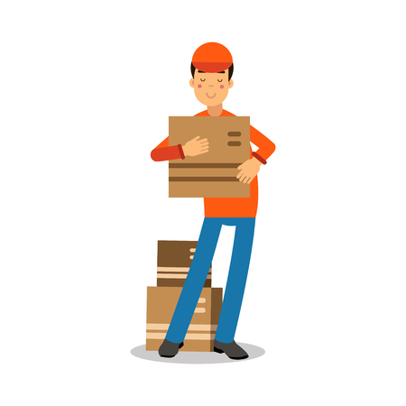 Delivery man standing and holding cardbox, courier in uniform at work cartoon character vector Illustrationのイラスト素材