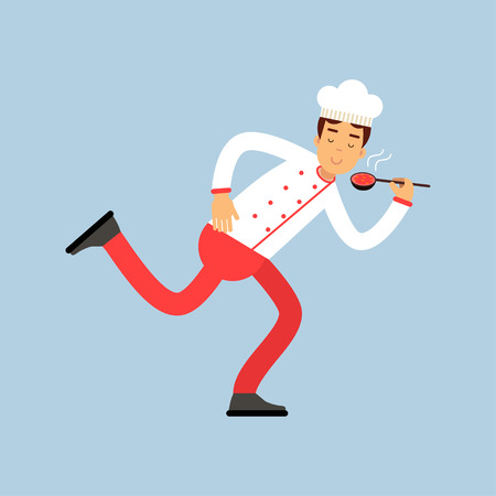 Male chef cook character in uniform running with spoon of sauce vector Illustrationのイラスト素材