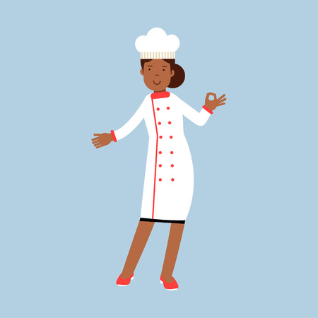Female chef cook character in white uniform giving a perfect ok delicious cook gesture vector Illustrationのイラスト素材
